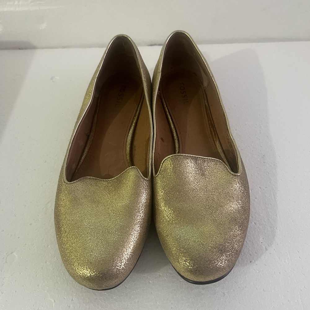 Fossil Calabash Premium Metallic Gold Leather French-Slipper Loafer Flat 7.5 US